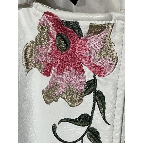 Faux Vegan Leather White Floral Embroidered Studded Zip Biker Moto Jacket - Picture 14 of 14